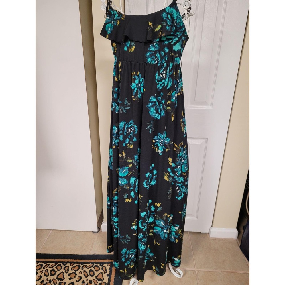 ELLE Ruffle Maxi Dress Breezy Boho Black Teal Smocked Cruise/Beach Dress Size XS